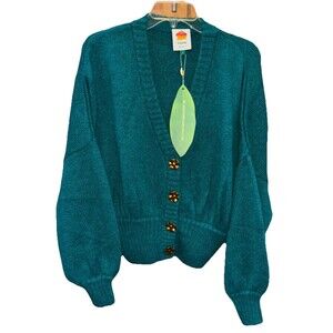 Farm Rio Cardigan Emerald Green Bubble Knit L NEW Button V Neck Long Sleeve